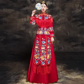 Çiçek Nakış Gelin Gelinlik Zarif Cheongsam Çin Tarzı Evlilik Set Retro Püskül Gelin Hediye Tost Giyim
