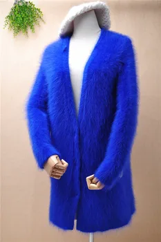 üst mujer kadın moda tüylü vizon kaşmir örgü uzun kollu derin v yaka gevşek hırka manto angora kürk ceket ceket kazak